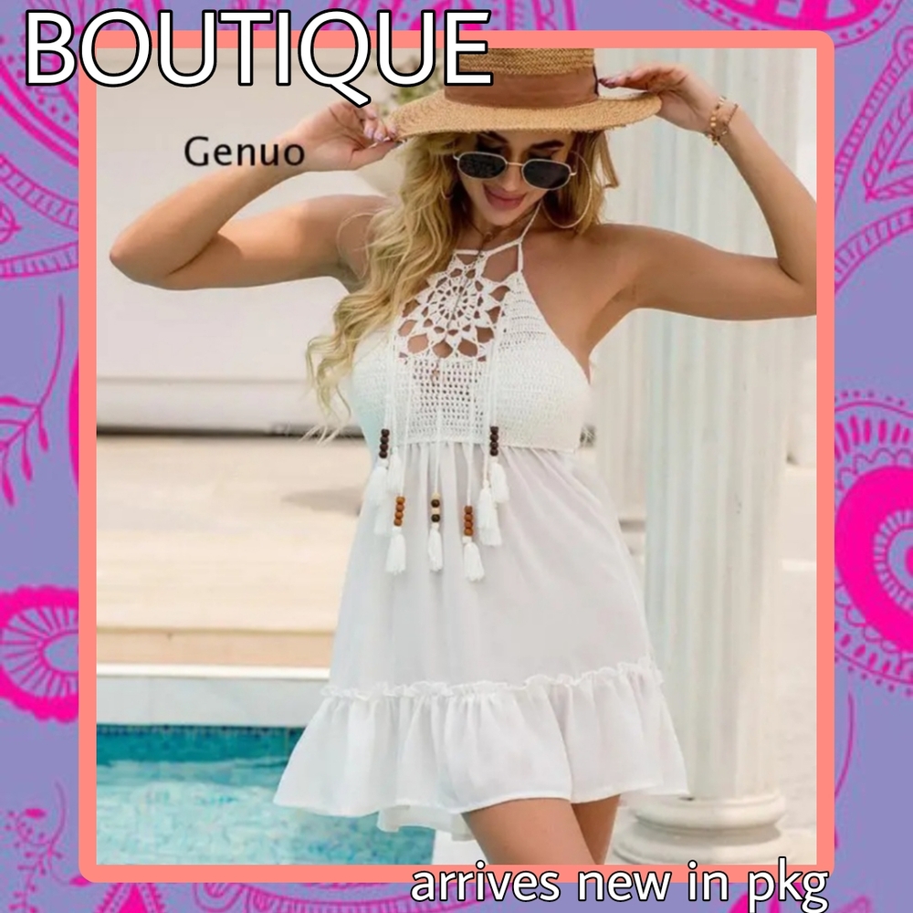 White Crochet Halter Dress